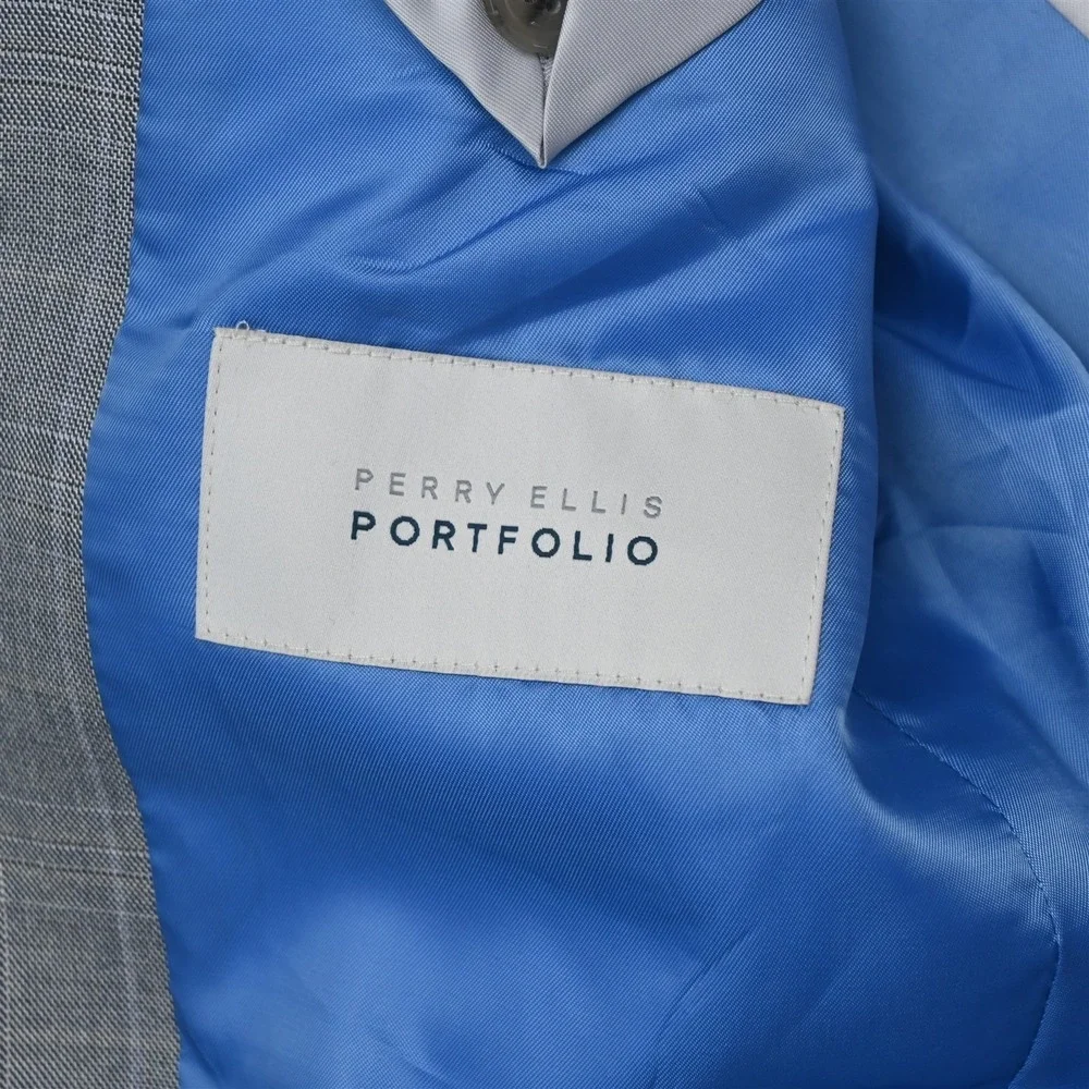 Perry Ellis 36R 30x32 Gray Windowpane Check Mens Jacket Pants Suit